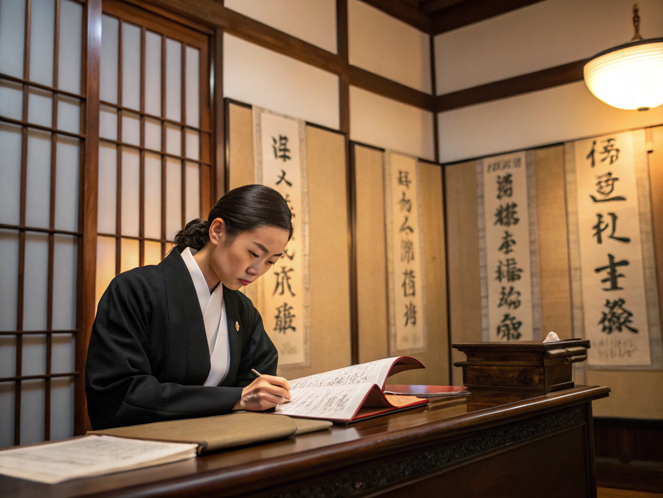 神戸の執務室で中国籍の帰化書類を精査する行政書士ココア法務事務所の風景